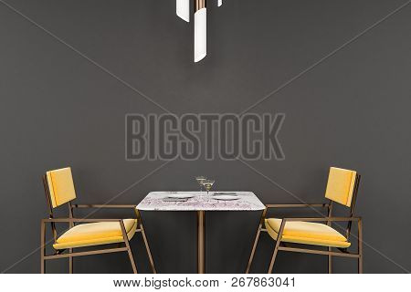 Corner Of Modern Restaurant With White Geometric Pattern And White Walls, Wooden Floor, Loft Window 