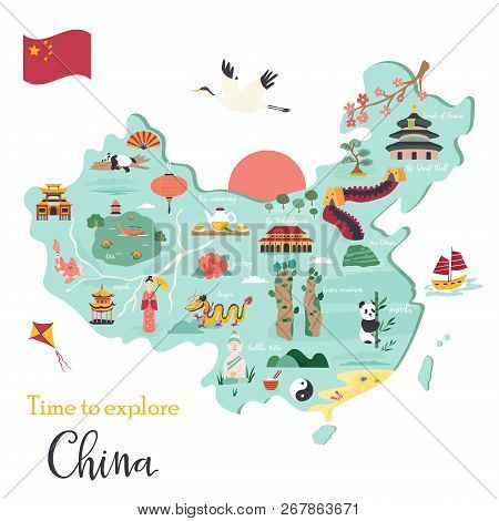 Chinese Cartoon Vector Map With Famous Destinations, Animals, Landmarks, Symbols, Elements