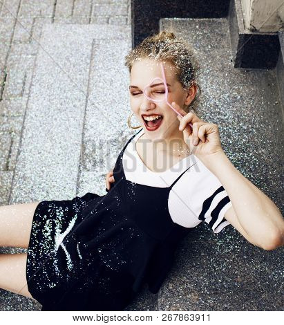 Young Pretty Party Girl Smiling Covered With Glitter Tinsel, Fas