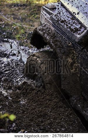 Fragment Of Car Stuck In Dirt, Close Up. Offroad Tire Covered With Mud On Nature Background. Wheel I