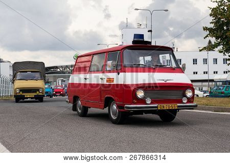 Vrchlabi, Czech Republic - August 25 2018: Vintage Cars Skoda 1203 Oldsmobile Veterans Leaving Vrchl