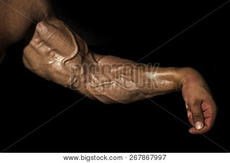 Arm With Muscles, Biceps, Triceps And Veins On Black Background. Power, Strength Concept. Sport, Fit