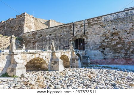 Bridge To The Historic Fortress La Suda With The Ditch Now Dry In The City Of Lleida. Catalonia Spai