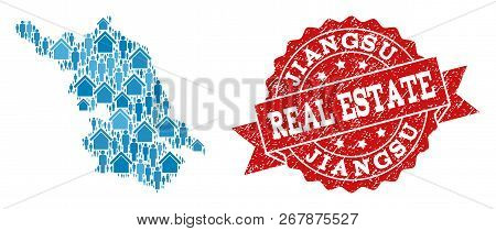 Real Estate Composition Of Blue Mosaic Map Of Jiangsu Province And Grunge Seal. Vector Red Imprint W