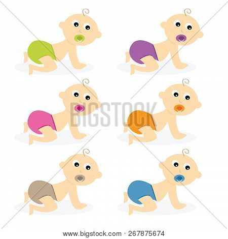 Crawling Baby In Different Colour Diapers And Soothers