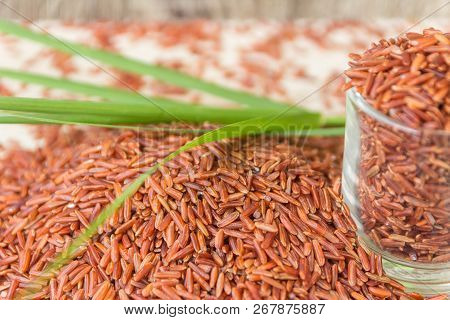 Red Rice Or Bruwn Rice Piled On A Wooden Floor And In A Small Glass.