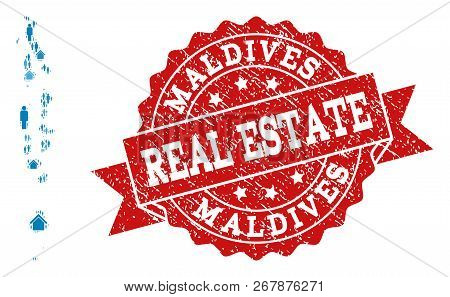 Real Estate Composition Of Blue Mosaic Map Of Maldives And Rubber Seal Stamp. Vector Red Seal With D