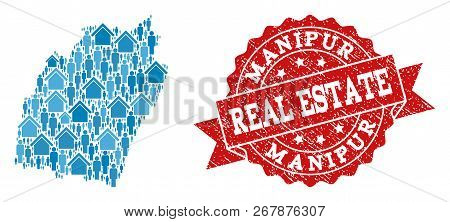 Real Estate Composition Of Blue Mosaic Map Of Manipur State And Unclean Seal Stamp. Vector Red Water