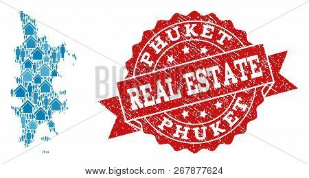 Real Estate Composition Of Blue Mosaic Map Of Phuket And Unclean Seal. Vector Red Seal With Unclean 