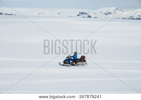 Vatnajokull Iceland - September 22. 2018: Snowmobile Guide At Vatnajokull Glacier