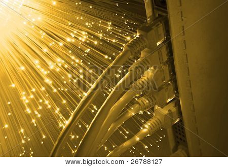 nätverk kabel och hub närbild med fiber optiska bakgrund