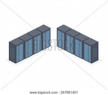 Isometric Server Room And Big Data Processing Concept, Datacenter And Data Base Icon, Digital Inform