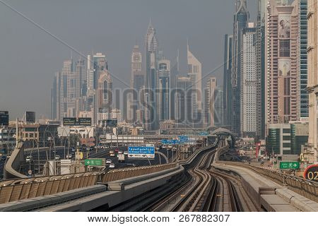 Dubai, Uae - October 21, 2016: Tracks Of An Elevated Stretch Of Dubai Metro, Skeikh Zayed Road And S