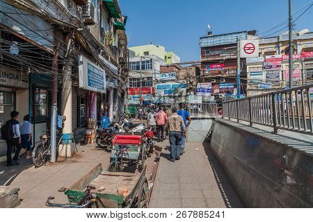 Delhi, India - October 22, 2016: Chawri Bazar Square And Metro Station In The Center Of Delhi, India