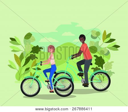 Young Couple On Bicycle In The Park Vector Illustration Design