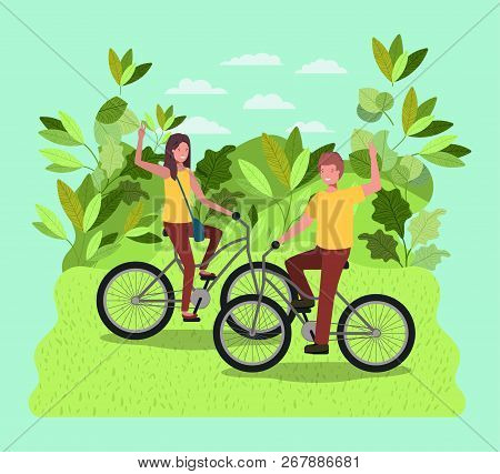 Young Couple On Bicycle In The Park Vector Illustration Design
