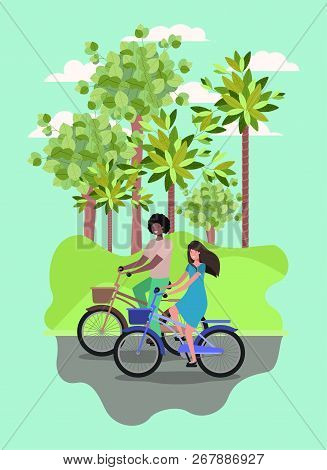 Young Couple On Bicycle In The Park Vector Illustration Design