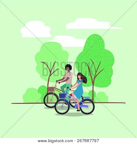 Young Couple On Bicycle In The Park Vector Illustration Design