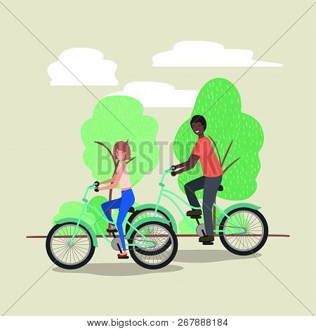 Young Couple On Bicycle In The Park Vector Illustration Design