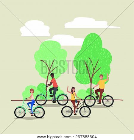 Group Of People On Bicycle In The Park Vector Illustration Design