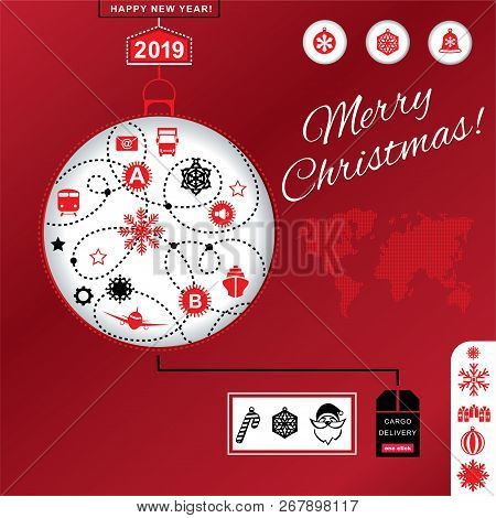 Pathway In The Shape Of Christmas Ball On Red Background. Red Black Grey Christmas Logistics Icons O