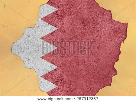 Bahrain Flag In Big Concrete Cracked Hole And Broken Material Facade Structure
