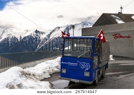 Bettmeralp, Switzerland - May 2017: Small Service Truck In The Car Free Village In Swiss Alps