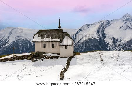 Chapel At Sunset In Bettmeralp Car Free Village In Swiss Alps
