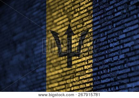 Barbados Flag  Is Depicted On The Screen With The Program Code. The Concept Of Modern Technology And