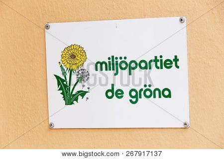 Visby, Sweden - May 14, 2016: The Swedish Green Party (miljopartiet) Sign Atached To Its Office Wall