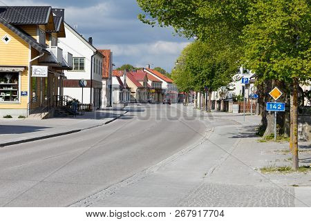 Hemse, Sweden - May 14, 2016: Street Made Of Concrete In Hemse City Center Located In The Swedish Pr
