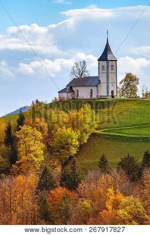 Autumn Panorama With Saints Primus And Felician Church On Top Of Hill In Slovenian Countryside