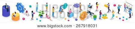 Isometrics Large Set Of Vibrant Business People With Icons, Young Entrepreneurs, Quality Vector Peop