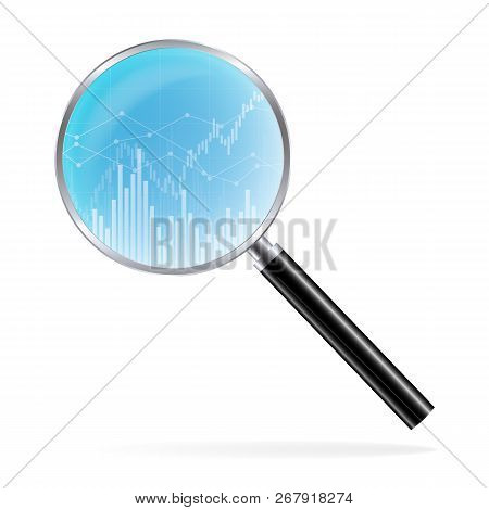 An Illustration Of A Realistic Magnifying Glass And A Blue Business Chart Of Growth And Decline In S