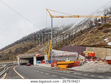Simplon Pass, Switzerland - May 2017: Construction Works At The Mountain Pass
