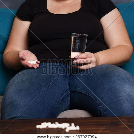 Weight Loss, Therapy, Hypertension, Diabetes, Migraine, Medical Concept. Depressed Desperate Fat Wom