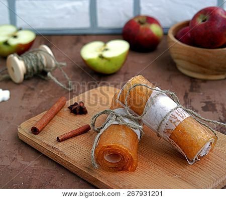 Homemade Fruit Sweets From Mashed Apples, Traditional Russian Winter Delicacy. Apple Candy, Rolled I