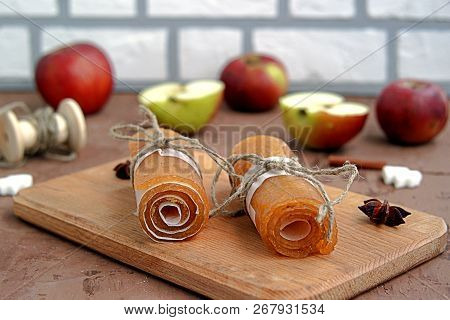 Homemade Fruit Sweets From Mashed Apples, Traditional Russian Winter Delicacy. Apple Candy, Rolled I