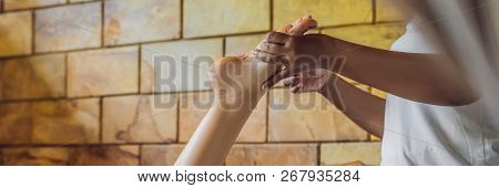 Total Relaxation. Beautiful Young Wwoman Get Balinese Or Thai Massage Banner, Long Format