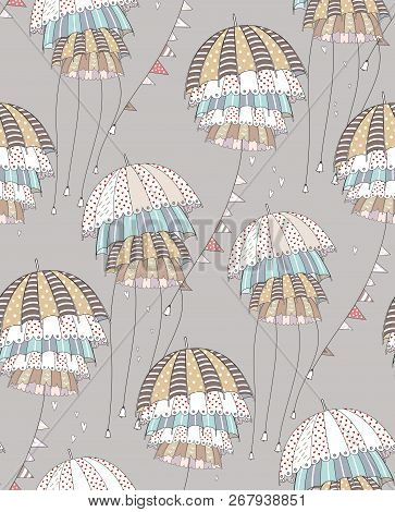Gray Umbrellas. Vector Pattern Illustration. Flying Funny Strange Umbrellas.