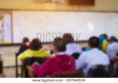 Blurred Of Asian Group High School Students With  Uniforms In Classroom, Activities Studing In Proje