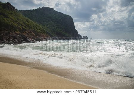 View Over The Blue Stormy Sea, Nd Castle Hill In Alanya, Kleopatra Beach Mediterranean Turkey