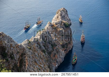 Pirate Ships And Rocks Ni The Sea. View From Alanya Castle In Antalya, Turkey