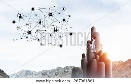 Young Female Doctor With Folder In Hands Satnding On Stone Column. 3d Rendering