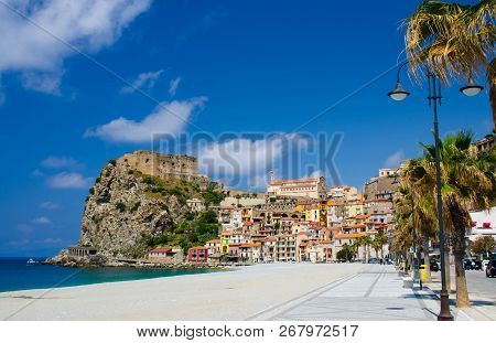 Beautiful Seaside Town Village Scilla With Old Medieval Castle On Rock Castello Ruffo, Colorful Trad