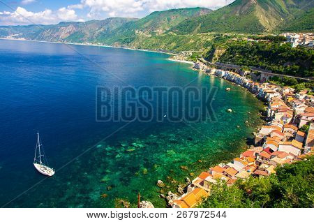 Aerial Top View Of Houses And White Yacht Ship In Small Fishing Village Chianalea Di Scilla From Old