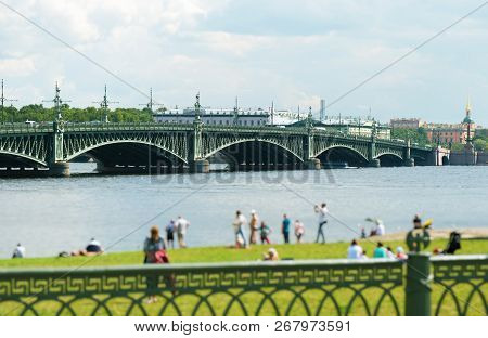 Troitsky Drawbridge Bridge Across The Neva River In St. Petersburg.