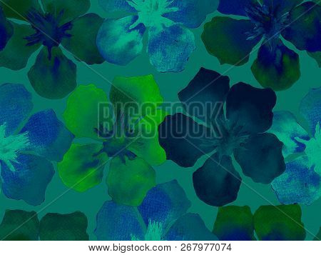 Hawaiian Watercolor Pattern. Indigo Blue Floral Tropical Seamless Print. Hibiscus And Oleander In Ha