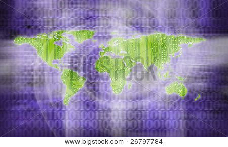 an image of flat world map on binary code background