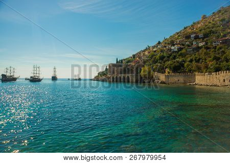 Shipyard Tersane, Alanya Historical Dockyard.ships Sailing On The Sea. Alanya, Antalya District, Tur